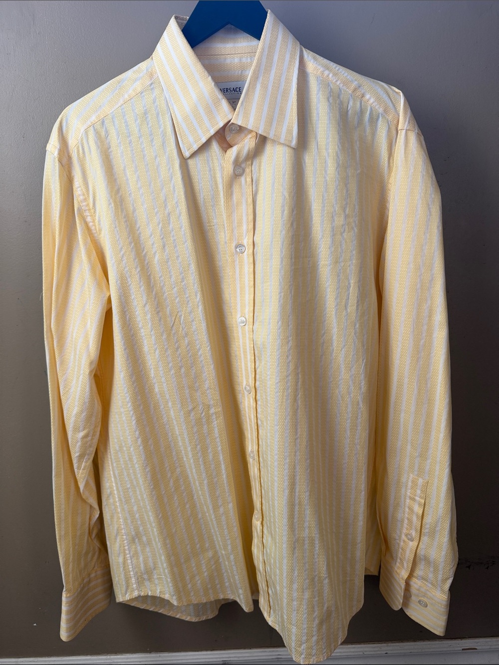 Versace Pale Yellow & White Striped Men's Dress Shirt